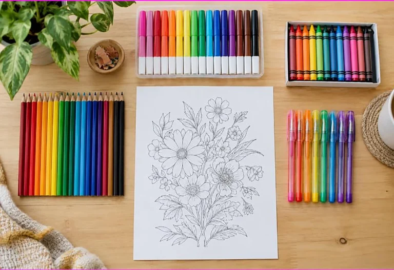 Top-down flat lay of colored pencils, markers, crayons and gel pens arranged with a floral coloring page, a coloring supplies guide