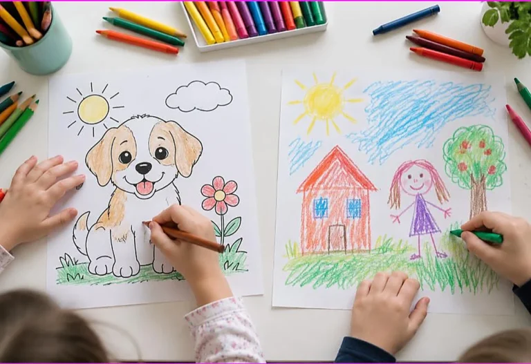 A printed coloring page being filled in beside a child freehand crayon drawing, coloring vs drawing