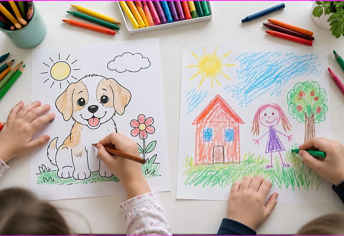 A printed coloring page being filled in beside a child freehand crayon drawing, coloring vs drawing