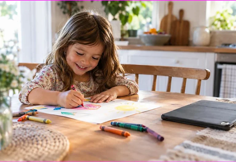 Happy child coloring with crayons at a bright table while a switched-off tablet lies ignored nearby, illustrating coloring vs screen time