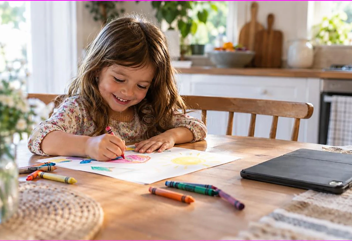 Happy child coloring with crayons at a bright table while a switched-off tablet lies ignored nearby, illustrating coloring vs screen time