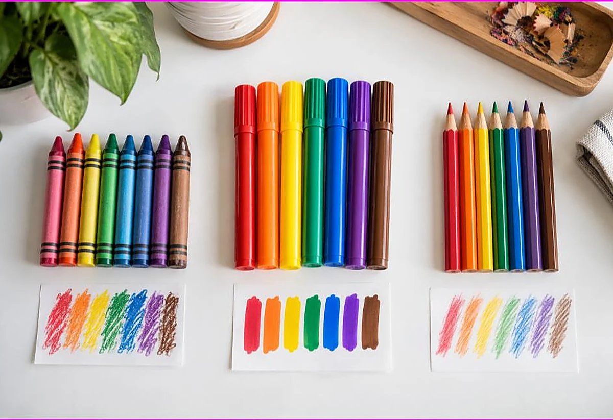 Crayons, markers and colored pencils compared side by side with color swatches, crayons vs markers vs colored pencils