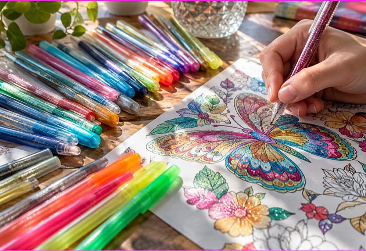 Hand adding sparkly detail with a glitter gel pen on a butterfly coloring page beside a spread of colorful gel pens, gel pens for coloring