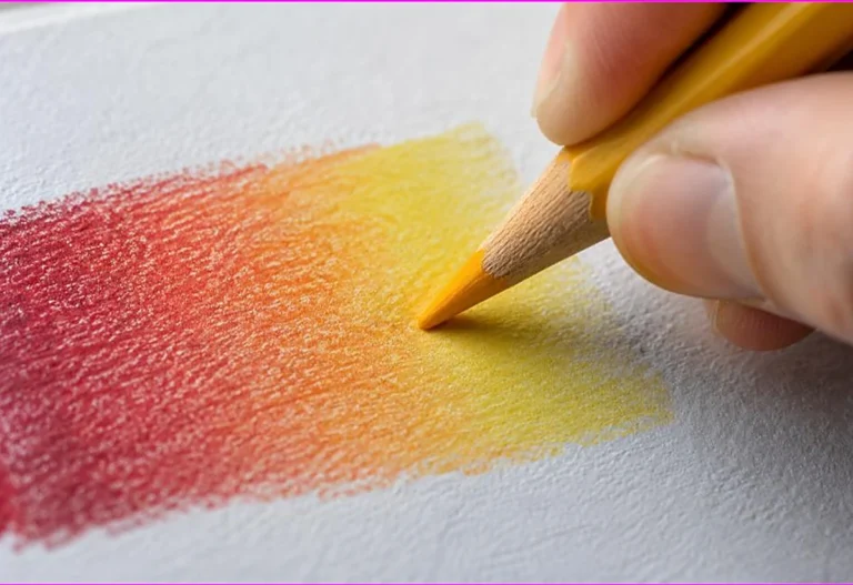Close-up of colored pencils blended into a smooth red to yellow gradient on paper, how to blend colored pencils