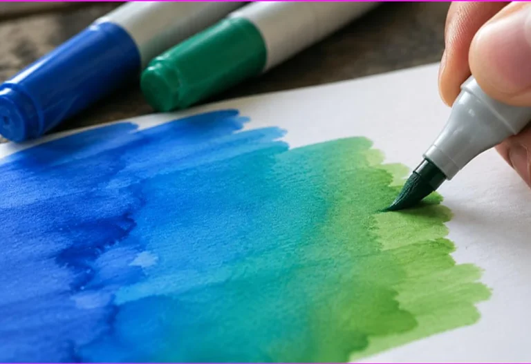 Close-up of markers blended into a smooth blue to green wet gradient on paper, how to blend markers