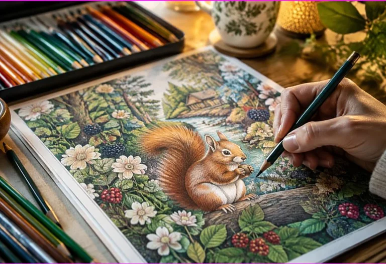 Skillfully colored intricate nature scene with smooth shading and a hand adding detail, how to color like a pro