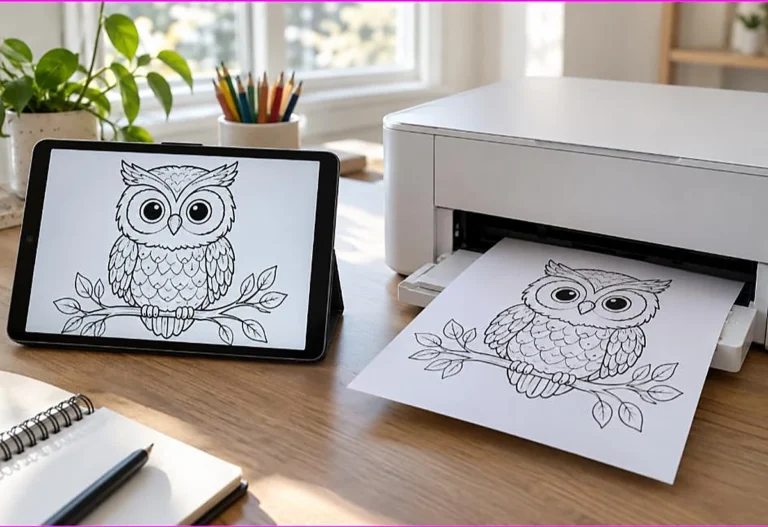 A tablet showing an owl coloring page beside a printer producing the same page, showing how to print a PDF coloring page