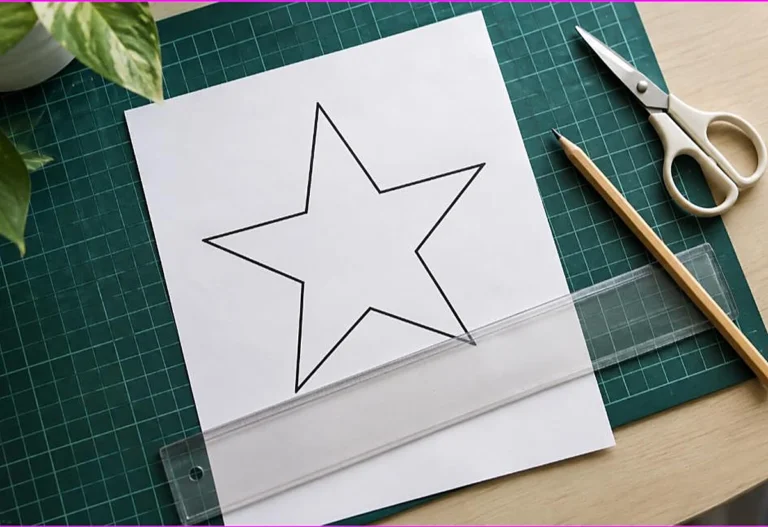 A printed star coloring page on a cutting mat with a ruler, pencil and scissors, showing how to resize a coloring page