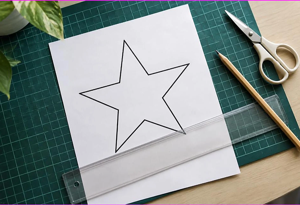 A printed star coloring page on a cutting mat with a ruler, pencil and scissors, showing how to resize a coloring page