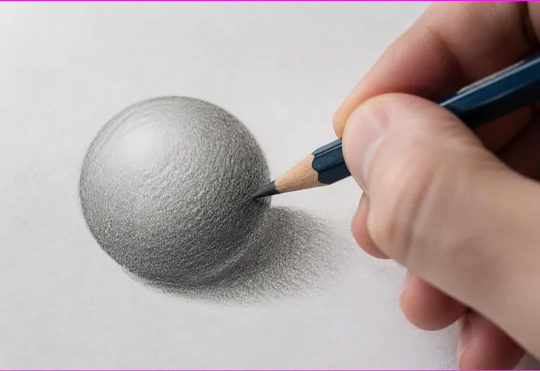 Close-up of a hand shading a sphere from light to dark with a pencil, how to shade a coloring page