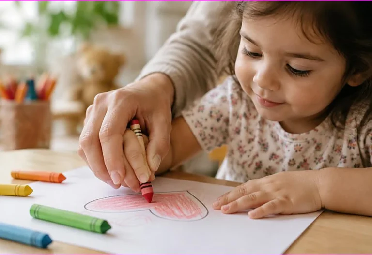 Adult hand gently guiding a crayon to color a heart while a young child watches, how to teach a child to color