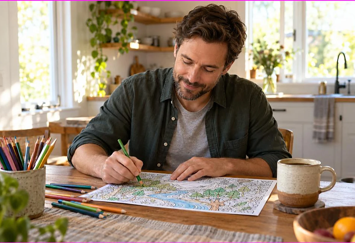 Relaxed man casually coloring a detailed page with colored pencils and coffee in a bright kitchen, showing coloring as a good hobby for adults