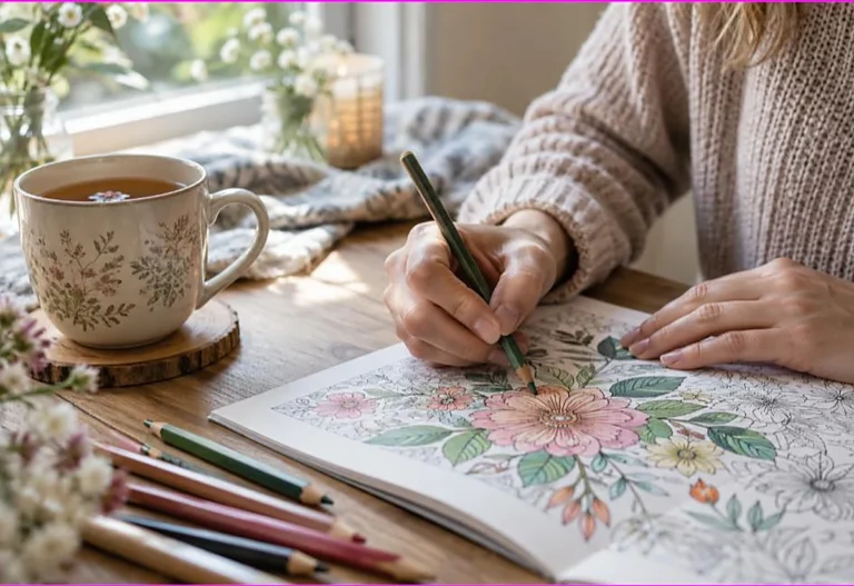 Calm hands coloring a soothing floral page with colored pencils beside a warm cup of tea in soft daylight, showing how coloring can help with anxiety