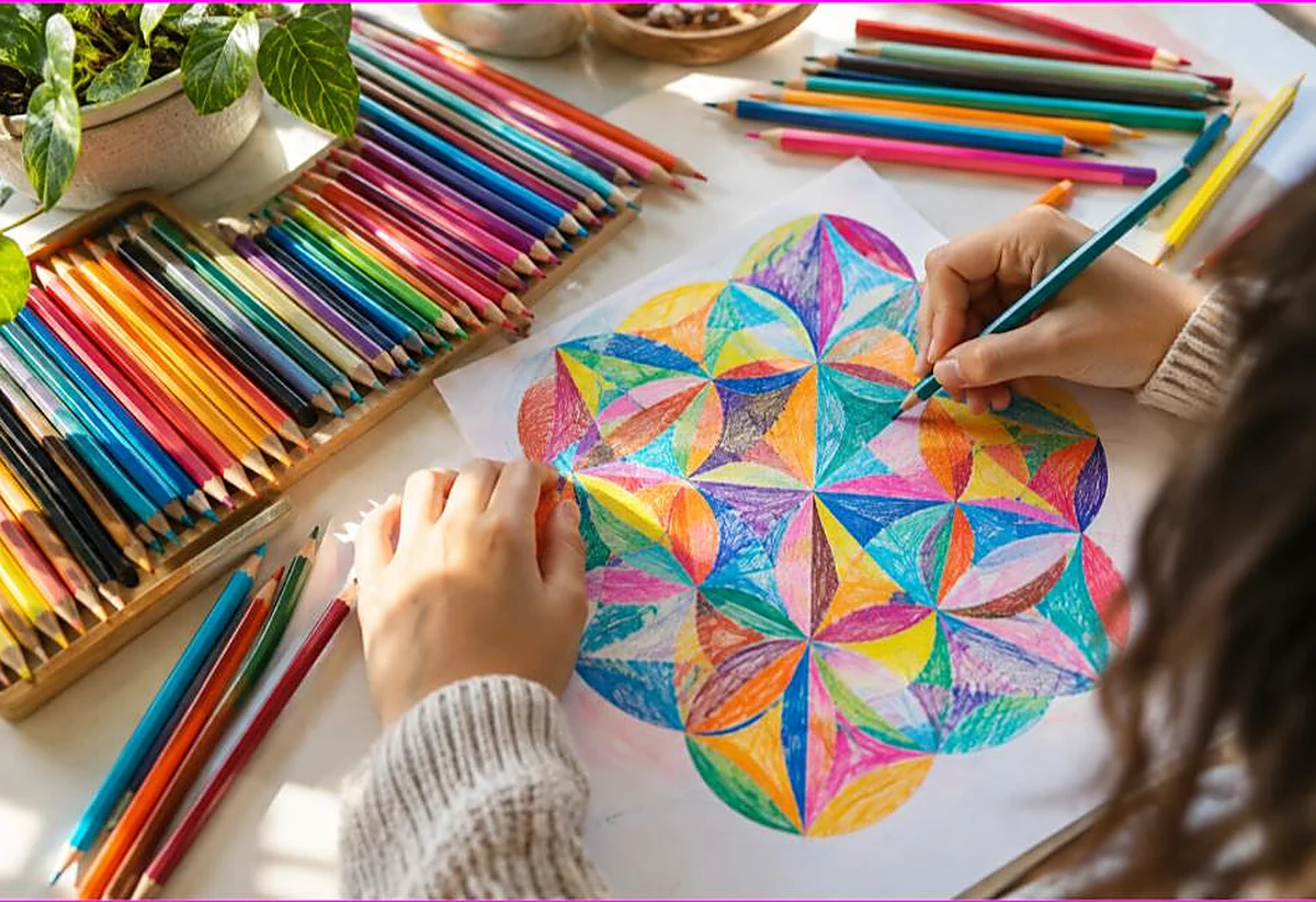 High angle view of hands coloring a vibrant geometric pattern with a wide fan of colored pencils, illustrating how coloring stimulates the brain
