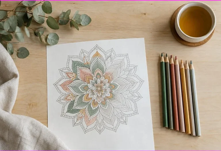 Top-down flat lay of a partially colored mandala with earthy colored pencils, eucalyptus and tea on a wooden desk, illustrating calm mindful coloring