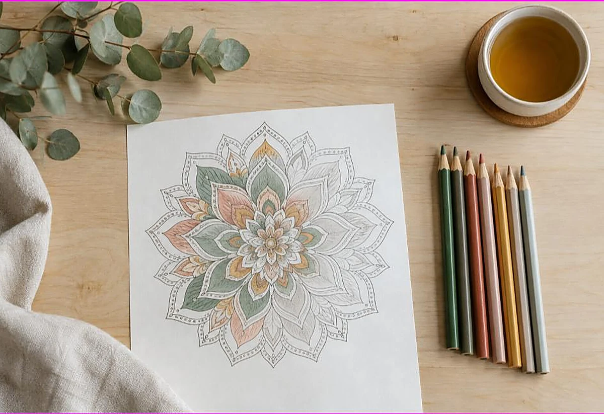 Top-down flat lay of a partially colored mandala with earthy colored pencils, eucalyptus and tea on a wooden desk, illustrating calm mindful coloring