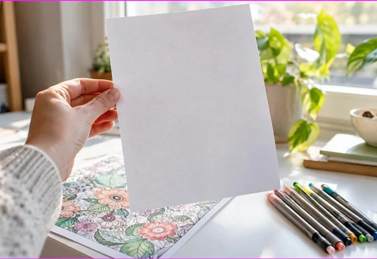Hand holding a coloring page up to the light showing a clean reverse side with no bleed-through, beside fineliner pens, pens that dont bleed through