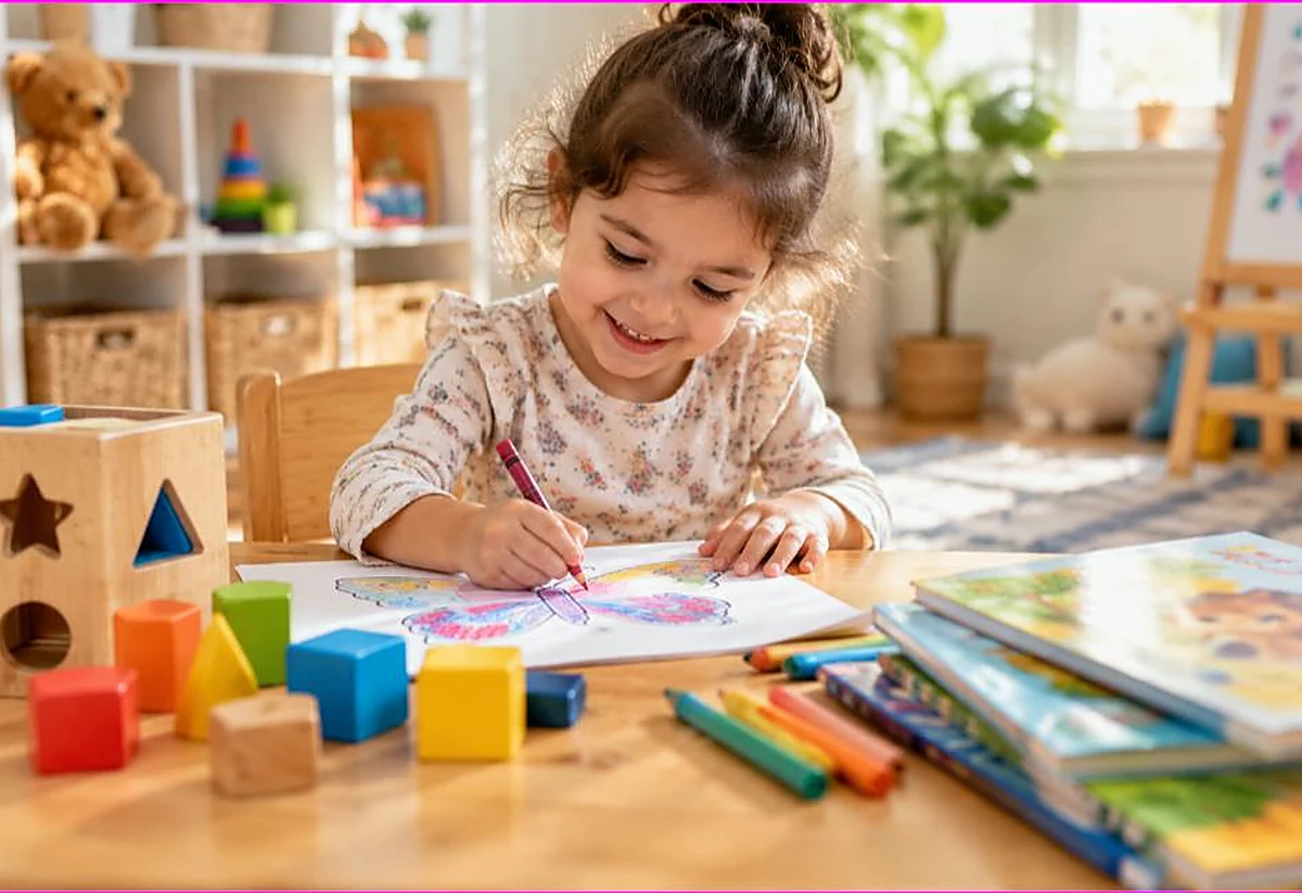 Happy child coloring among learning toys like a shape sorter, blocks and picture books, play-based learning and coloring