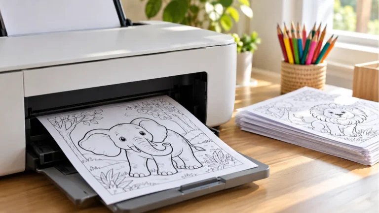 Home printer printing an animal coloring page with a stack of printed pages
