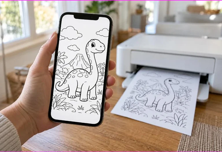 Hand holding a phone showing a dinosaur coloring page while a wireless printer prints the same page, printing coloring pages from your phone