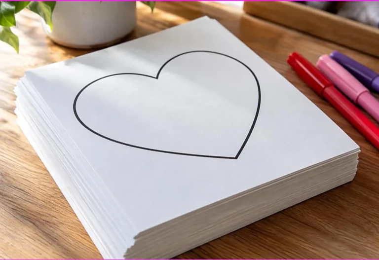 Thick stack of white cardstock with a printed heart coloring page on top and markers beside it, printing coloring pages on cardstock