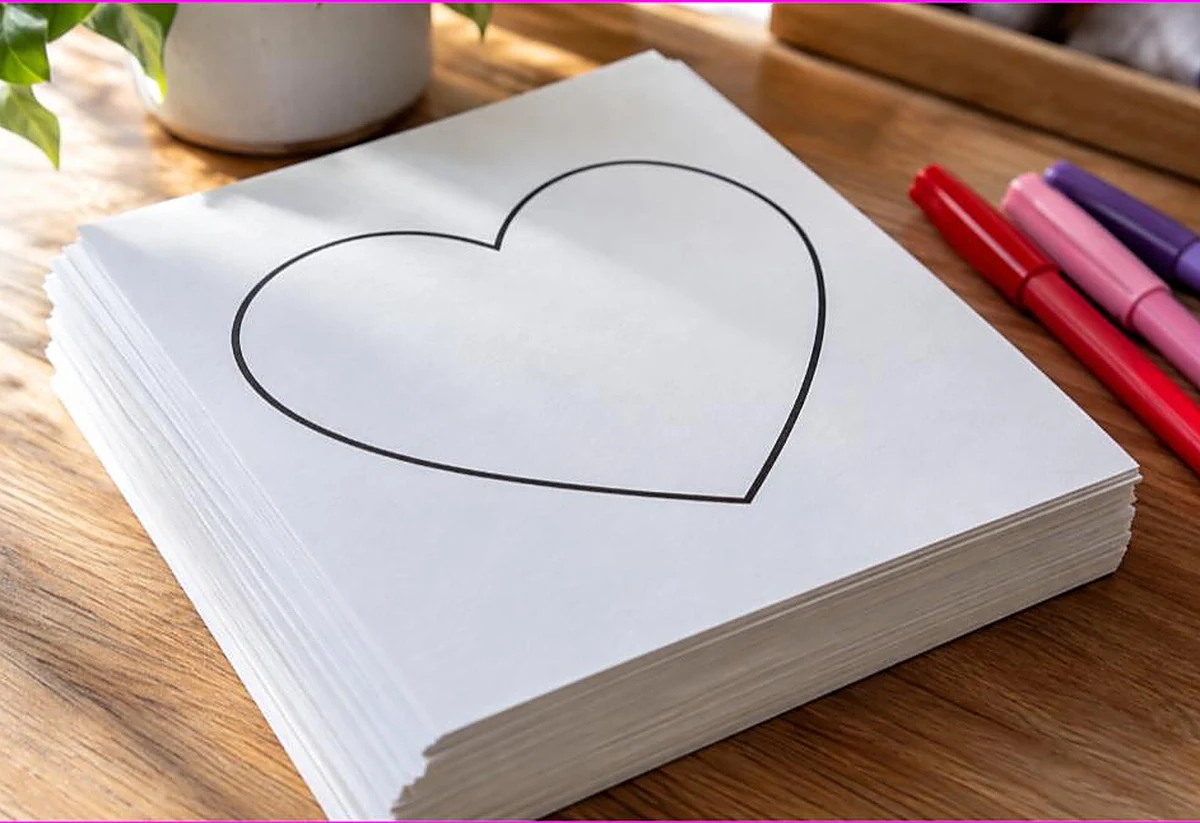 Thick stack of white cardstock with a printed heart coloring page on top and markers beside it, printing coloring pages on cardstock