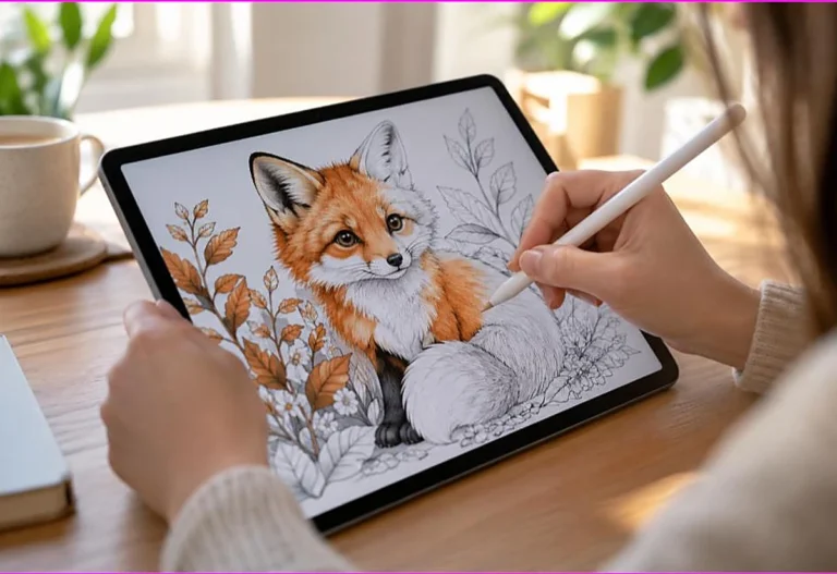 A hand coloring a fox drawing on a tablet with a stylus, a way to enjoy coloring pages without a printer