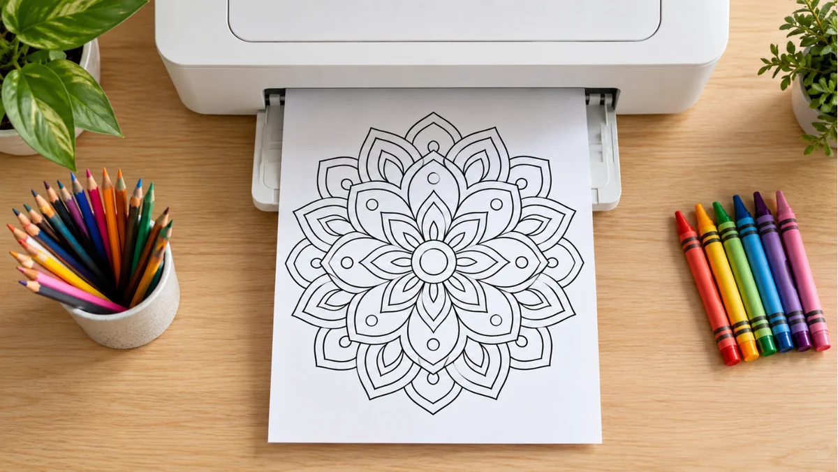 Home printer printing a mandala coloring page with colored pencils and crayons