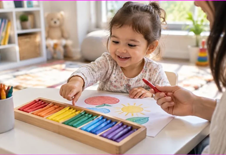 Toddler happily pointing at crayons sorted by color while a parent offers one, using coloring to teach colors to toddlers