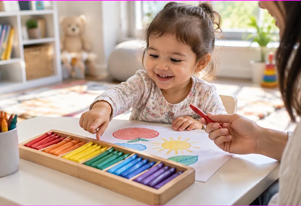 Toddler happily pointing at crayons sorted by color while a parent offers one, using coloring to teach colors to toddlers