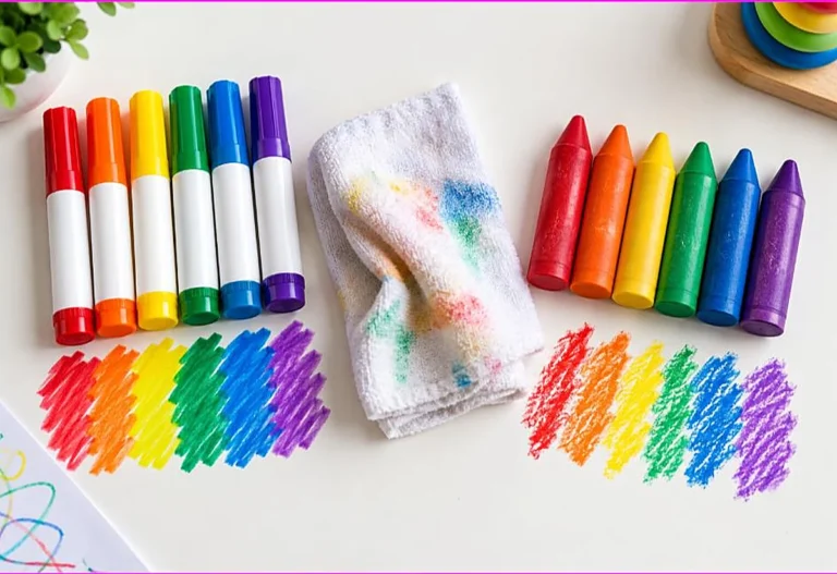 Washable toddler markers and crayons compared with color swatches and a cloth showing cleanup, washable markers vs crayons for toddlers