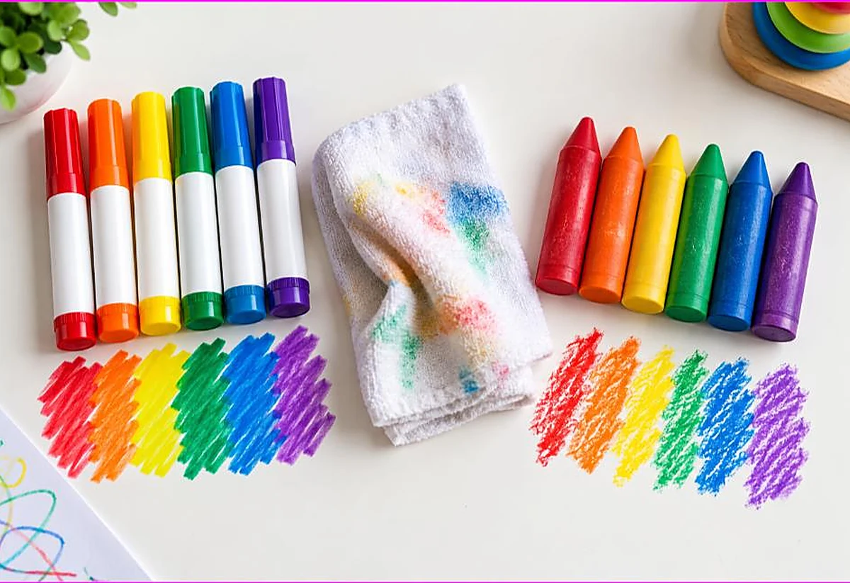 Washable toddler markers and crayons compared with color swatches and a cloth showing cleanup, washable markers vs crayons for toddlers