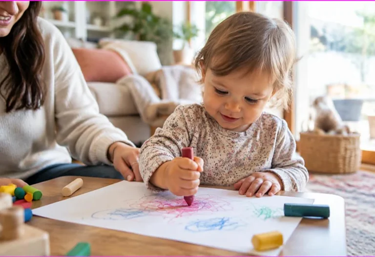 Young toddler making first crayon scribbles at a low table with a parent nearby, what age can kids start coloring