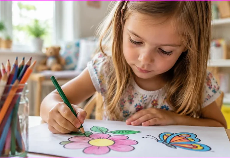 Focused young child carefully coloring a flower neatly within the lines with a colored pencil, what age do kids color inside the lines