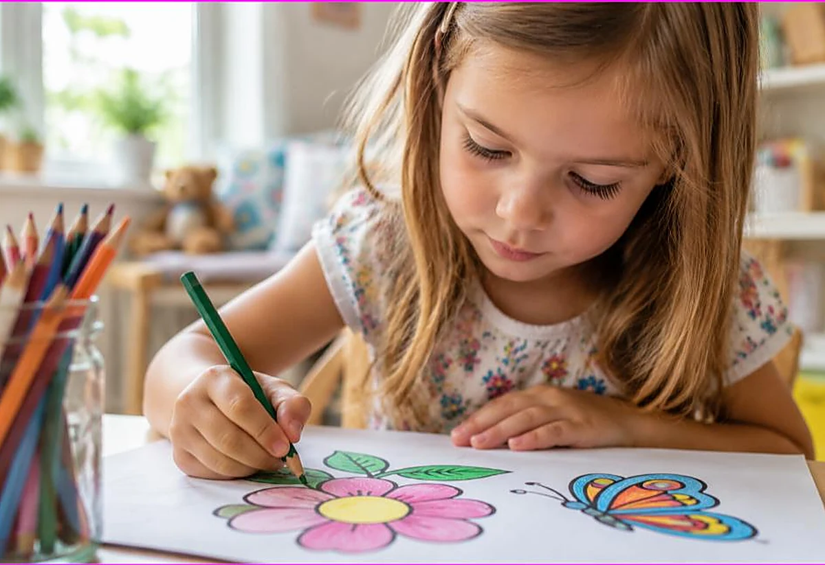 Focused young child carefully coloring a flower neatly within the lines with a colored pencil, what age do kids color inside the lines