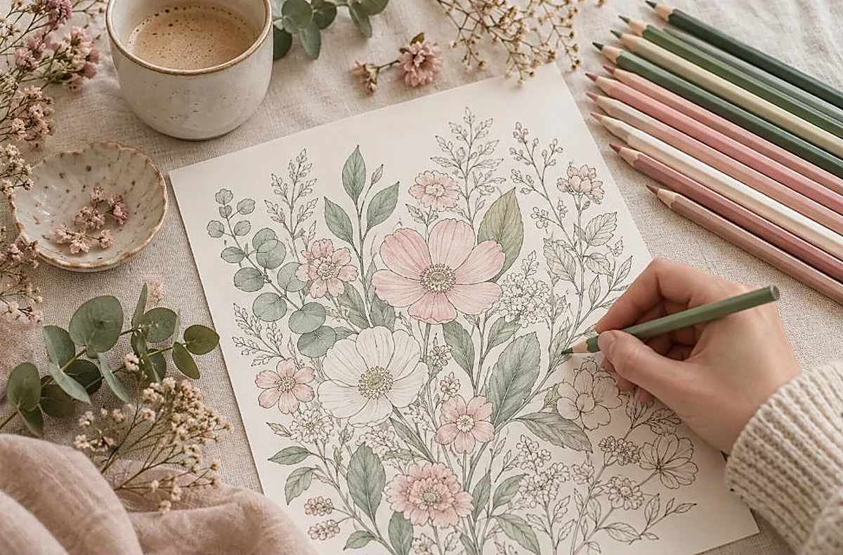 Aesthetic flat-lay of a botanical floral coloring page colored in sage and blush with pastel pencils and dried flowers, aesthetic coloring pages