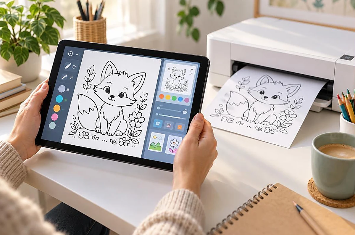 Hands holding a tablet generating a fox coloring page with a printer producing the sheet, ai coloring page generators