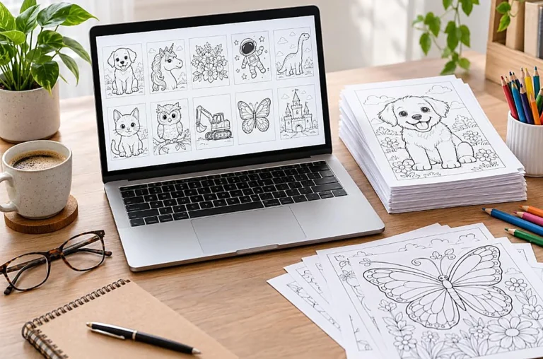 Desk with laptop showing coloring page thumbnails beside printed sheets coffee and glasses, are coloring pages free copyright