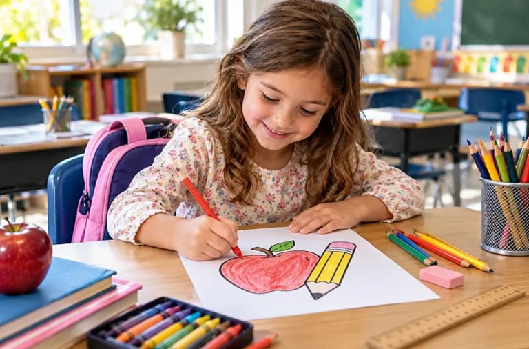 Child at a classroom desk coloring an apple and pencil page with school supplies and a backpack, back to school coloring pages