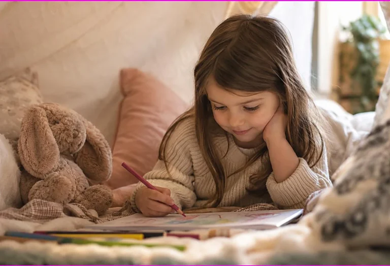 Child peacefully coloring in a cozy soft nook with a plush toy, calming coloring activities for kids