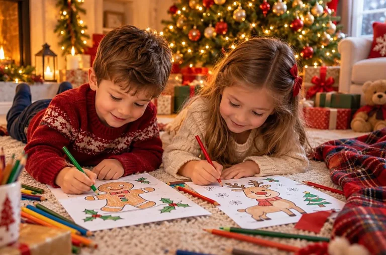 Two children coloring Christmas gingerbread and reindeer pages by a glowing Christmas tree with gifts, christmas coloring pages