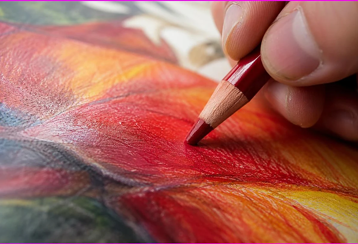 Macro close-up of richly layered and burnished colored pencil work with a glossy finish, colored pencil layering and burnishing