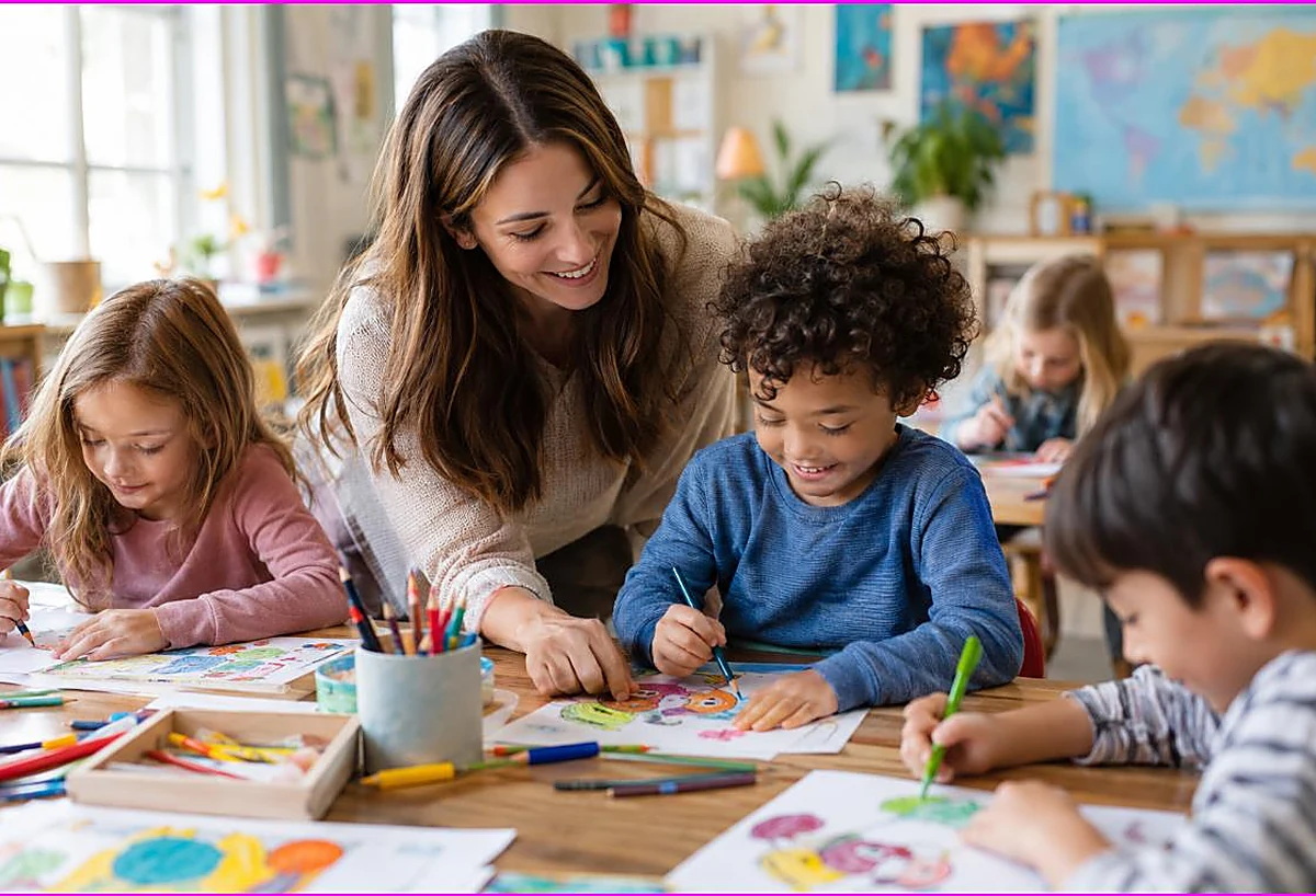 Teacher helping several young children coloring at their desks in a bright classroom, coloring activities for the classroom