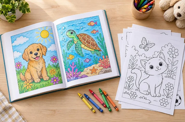 Open coloring book with colored pages beside a stack of loose printable coloring sheets and crayons, coloring book vs coloring page