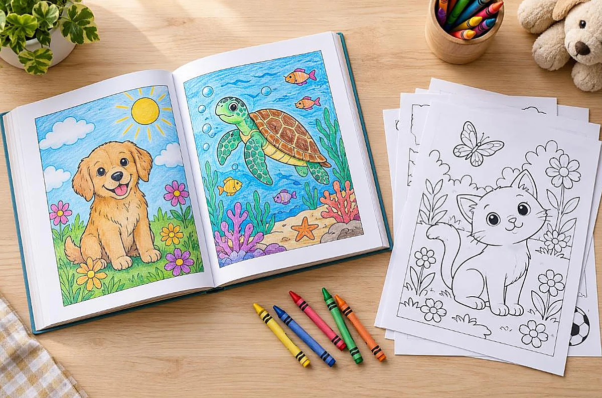 Open coloring book with colored pages beside a stack of loose printable coloring sheets and crayons, coloring book vs coloring page