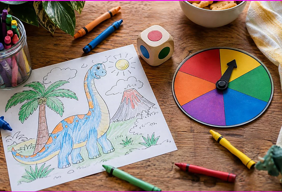A coloring game setup with a color die, a color spinner, a dinosaur coloring page and crayons, fun coloring games