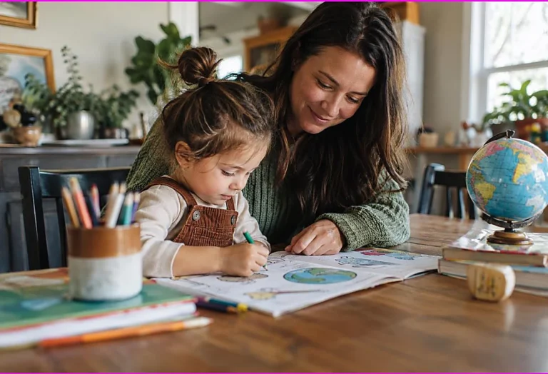Parent and child coloring an educational page together at a home table with a globe and books, coloring pages for homeschool