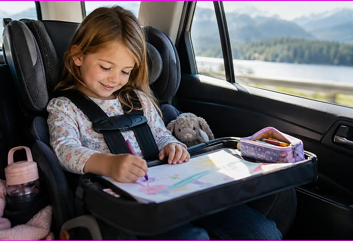 Child coloring on a lap tray in a car seat during a road trip with scenery through the window, coloring pages for road trips and travel