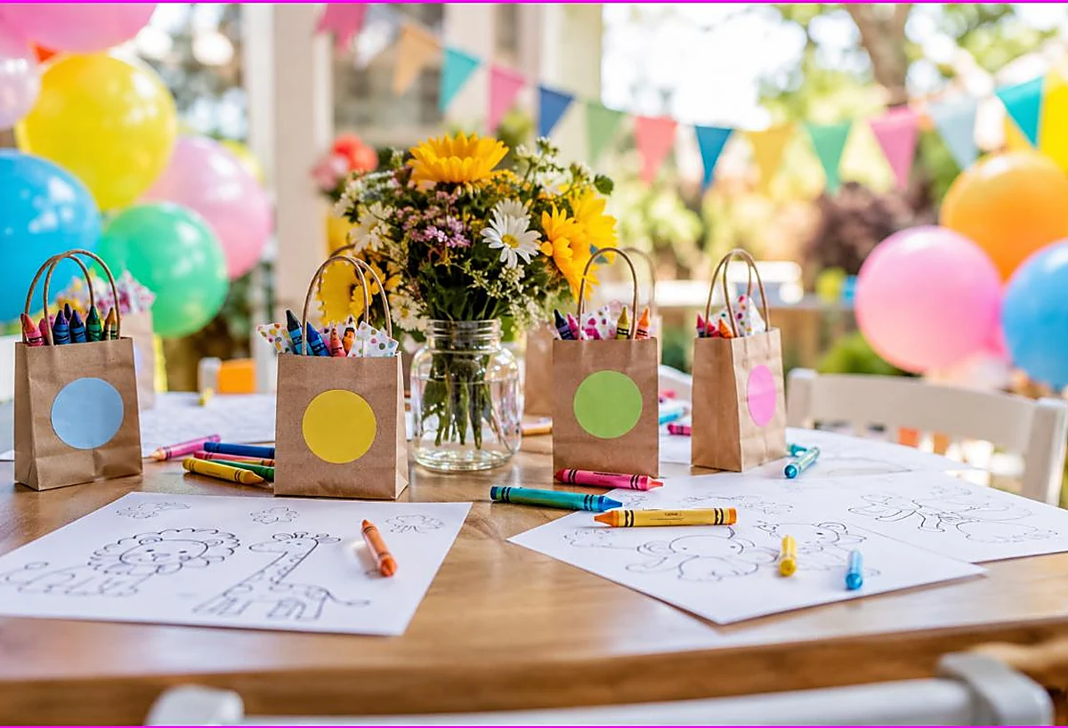 Children party coloring station with coloring sheets, crayon favor bags, balloons and bunting, coloring party activities and favors