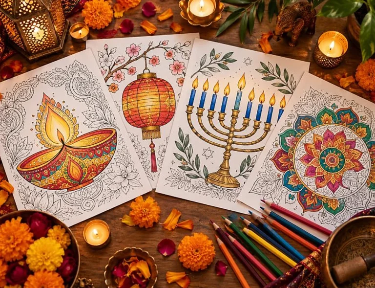 Coloring pages of a diya lantern menorah and mandala amid candles and marigolds with colored pencils, cultural religious holiday coloring pages